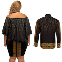 New Zealand Maori Kowhaiwhai Couples Matching Off Shoulder Short Dress and Long Sleeve Button Shirt Karaka Maui and Mangopare LT9 - Polynesian Pride