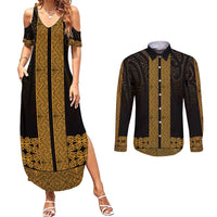 New Zealand Maori Kowhaiwhai Couples Matching Summer Maxi Dress and Long Sleeve Button Shirt Karaka Maui and Mangopare LT9 Gold - Polynesian Pride