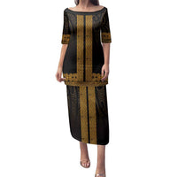 New Zealand Maori Kowhaiwhai Family Matching Puletasi and Hawaiian Shirt Karaka Maui and Mangopare LT9 Mom's Dress Gold - Polynesian Pride