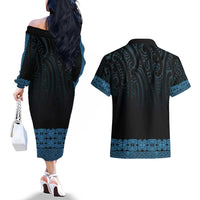 New Zealand Maori Kowhaiwhai Couples Matching Off The Shoulder Long Sleeve Dress and Hawaiian Shirt Kikorangi Maui and Mangopare
