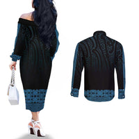 New Zealand Maori Kowhaiwhai Couples Matching Off The Shoulder Long Sleeve Dress and Long Sleeve Button Shirt Kikorangi Maui and Mangopare LT9 - Polynesian Pride