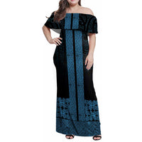 New Zealand Maori Kowhaiwhai Family Matching Off Shoulder Maxi Dress and Hawaiian Shirt Kikorangi Maui and Mangopare LT9 Mom's Dress Blue - Polynesian Pride