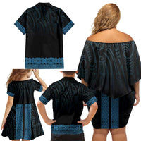 New Zealand Maori Kowhaiwhai Family Matching Off Shoulder Short Dress and Hawaiian Shirt Kikorangi Maui and Mangopare LT9 - Polynesian Pride