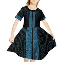 New Zealand Maori Kowhaiwhai Kid Short Sleeve Dress Kikorangi Maui and Mangopare