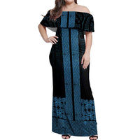 New Zealand Maori Kowhaiwhai Off Shoulder Maxi Dress Kikorangi Maui and Mangopare