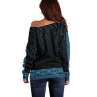 New Zealand Maori Kowhaiwhai Off Shoulder Sweater Kikorangi Maui and Mangopare LT9 - Polynesian Pride
