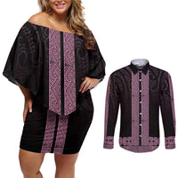 New Zealand Maori Kowhaiwhai Couples Matching Off Shoulder Short Dress and Long Sleeve Button Shirt Mawhero Maui and Mangopare LT9 Pink - Polynesian Pride