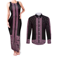 New Zealand Maori Kowhaiwhai Couples Matching Tank Maxi Dress and Long Sleeve Button Shirt Mawhero Maui and Mangopare LT9 Pink - Polynesian Pride