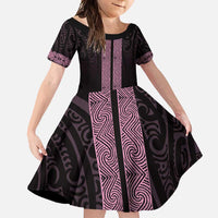 New Zealand Maori Kowhaiwhai Family Matching Off Shoulder Maxi Dress and Hawaiian Shirt Mawhero Maui and Mangopare LT9 Daughter's Dress Pink - Polynesian Pride