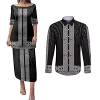 New Zealand Maori Kowhaiwhai Couples Matching Puletasi and Long Sleeve Button Shirt Pango Maui and Mangopare LT9 Black - Polynesian Pride