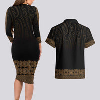 New Zealand Maori Kowhaiwhai Couples Matching Long Sleeve Bodycon Dress and Hawaiian Shirt Parauri Maui and Mangopare LT9 - Polynesian Pride