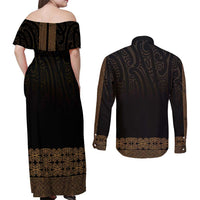 New Zealand Maori Kowhaiwhai Couples Matching Off Shoulder Maxi Dress and Long Sleeve Button Shirt Parauri Maui and Mangopare LT9 - Polynesian Pride