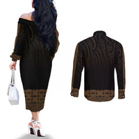 New Zealand Maori Kowhaiwhai Couples Matching Off The Shoulder Long Sleeve Dress and Long Sleeve Button Shirt Parauri Maui and Mangopare LT9 - Polynesian Pride