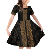 New Zealand Maori Kowhaiwhai Family Matching Off Shoulder Short Dress and Hawaiian Shirt Parauri Maui and Mangopare LT9 Daughter's Dress Brown - Polynesian Pride