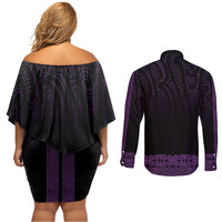 New Zealand Maori Kowhaiwhai Couples Matching Off Shoulder Short Dress and Long Sleeve Button Shirt Waiporoporo Maui and Mangopare LT9 - Polynesian Pride
