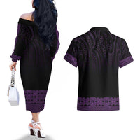 New Zealand Maori Kowhaiwhai Couples Matching Off The Shoulder Long Sleeve Dress and Hawaiian Shirt Waiporoporo Maui and Mangopare