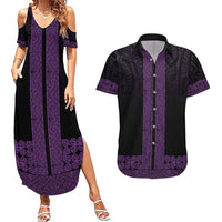 New Zealand Maori Kowhaiwhai Couples Matching Summer Maxi Dress and Hawaiian Shirt Waiporoporo Maui and Mangopare LT9 Purple - Polynesian Pride