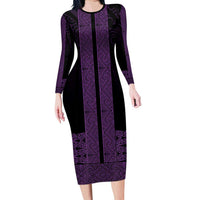 New Zealand Maori Kowhaiwhai Family Matching Long Sleeve Bodycon Dress and Hawaiian Shirt Waiporoporo Maui and Mangopare LT9 Mom's Dress Purple - Polynesian Pride