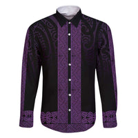 New Zealand Maori Kowhaiwhai Family Matching Mermaid Dress and Hawaiian Shirt Waiporoporo Maui and Mangopare LT9 Dad's Shirt - Long Sleeve Purple - Polynesian Pride