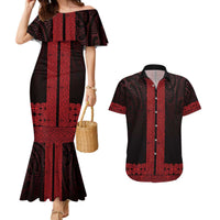 New Zealand Maori Kowhaiwhai Couples Matching Mermaid Dress and Hawaiian Shirt Whero Maui and Mangopare LT9 Red - Polynesian Pride