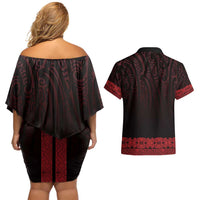 New Zealand Maori Kowhaiwhai Couples Matching Off Shoulder Short Dress and Hawaiian Shirt Whero Maui and Mangopare LT9 - Polynesian Pride
