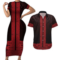New Zealand Maori Kowhaiwhai Couples Matching Short Sleeve Bodycon Dress and Hawaiian Shirt Whero Maui and Mangopare LT9 Red - Polynesian Pride