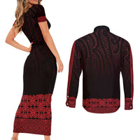 New Zealand Maori Kowhaiwhai Couples Matching Short Sleeve Bodycon Dress and Long Sleeve Button Shirt Whero Maui and Mangopare LT9 - Polynesian Pride