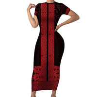 New Zealand Maori Kowhaiwhai Family Matching Short Sleeve Bodycon Dress and Hawaiian Shirt Whero Maui and Mangopare LT9 Mom's Dress Red - Polynesian Pride