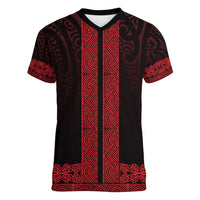 New Zealand Maori Kowhaiwhai Women V-Neck T-Shirt Whero Maui and Mangopare LT9 Female Red - Polynesian Pride