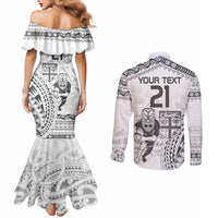 Custom Fiji Black Fern Couples Matching Mermaid Dress and Long Sleeve Button Shirt Maori Warroir with Fijian Masi Pattern