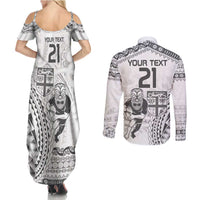 Custom Fiji Black Fern Couples Matching Summer Maxi Dress and Long Sleeve Button Shirt Maori Warroir with Fijian Masi Pattern