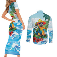 Funny Parrot Margarita Five O'clock Somewhere Couples Matching Short Sleeve Bodycon Dress and Long Sleeve Button Shirt