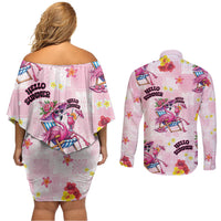 Hawaii Flamingo Hello Summer Couples Matching Off Shoulder Short Dress and Long Sleeve Button Shirt Hawaiian Quilt Pattern