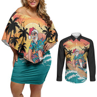 Vintage Santa Claus Surfing Summer Couples Matching Off Shoulder Short Dress and Long Sleeve Button Shirt Mele Kalikimaka i Iulai! LT9 Black - Polynesian Pride
