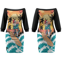 Vintage Santa Claus Surfing Summer Couples Matching Off The Shoulder Long Sleeve Dress and Hawaiian Shirt Mele Kalikimaka i Iulai! LT9 - Polynesian Pride