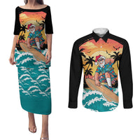 Vintage Santa Claus Surfing Summer Couples Matching Puletasi and Long Sleeve Button Shirt Mele Kalikimaka i Iulai! LT9 Black - Polynesian Pride