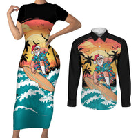 Vintage Santa Claus Surfing Summer Couples Matching Short Sleeve Bodycon Dress and Long Sleeve Button Shirt Mele Kalikimaka i Iulai!