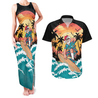 Vintage Santa Claus Surfing Summer Couples Matching Tank Maxi Dress and Hawaiian Shirt Mele Kalikimaka i Iulai! LT9 Black - Polynesian Pride