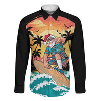 Vintage Santa Claus Surfing Summer Family Matching Mermaid Dress and Hawaiian Shirt Mele Kalikimaka i Iulai! LT9 Dad's Shirt - Long Sleeve Black - Polynesian Pride