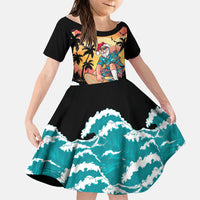 Vintage Santa Claus Surfing Summer Family Matching Puletasi and Hawaiian Shirt Mele Kalikimaka i Iulai! LT9 Daughter's Dress Black - Polynesian Pride