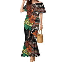 Vintage Hibiscus Pacific Floral Family Matching Mermaid Dress and Hawaiian Shirt LT9 Mom's Dress Black - Polynesian Pride