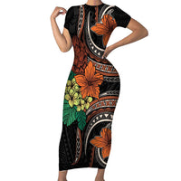 Vintage Hibiscus Pacific Floral Family Matching Short Sleeve Bodycon Dress and Hawaiian Shirt LT9 Mom's Dress Black - Polynesian Pride