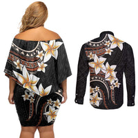 Vintage Plumeria Pacific Floral Couples Matching Off Shoulder Short Dress and Long Sleeve Button Shirt