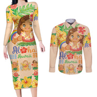 Kawaii Hula Girls Couples Matching Long Sleeve Bodycon Dress and Long Sleeve Button Shirt Aloha Hibiscus Flowers