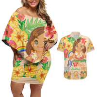 Kawaii Hula Girls Couples Matching Off Shoulder Short Dress and Hawaiian Shirt Aloha Hibiscus Flowers