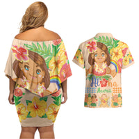 Kawaii Hula Girls Couples Matching Off Shoulder Short Dress and Hawaiian Shirt Aloha Hibiscus Flowers