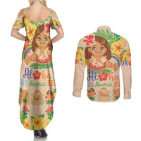 Kawaii Hula Girls Couples Matching Summer Maxi Dress and Long Sleeve Button Shirt Aloha Hibiscus Flowers