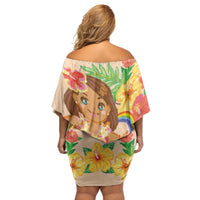 Kawaii Hula Girls Family Matching Off Shoulder Short Dress and Hawaiian Shirt Aloha Hibiscus Flowers