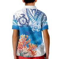 Hibiscus Turtle Tattoo Coral Reef Kid Polo Shirt with Polynesian Tribal