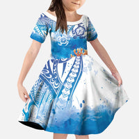 Hibiscus Turtle Tattoo Coral Reef Kid Short Sleeve Dress with Polynesian Tribal